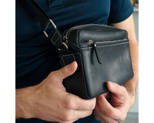 Чоловіча шкіряна сумка через плече New York чорна white line