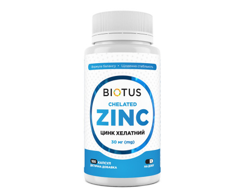 Хелатний цинк, Chelated Zinc, Biotus, 30 мг, 100 капсул