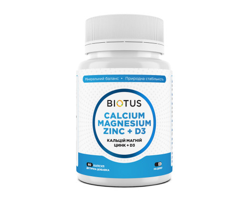 Кальцій, магній, цинк + D3, Calcium, Magnesium, Zinc + D3, Biotus, 60 капсул