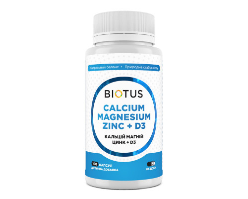 Кальцій, магній, цинк + D3, Calcium, Magnesium, Zinc + D3, Biotus, 100 капсул