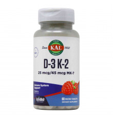 Витамины D-3 и K-2, Vitamin D-3 K-2, KAL, вкус красной малины,  1000 МЕ/45 мкг MK-7, 60 микротаблеток