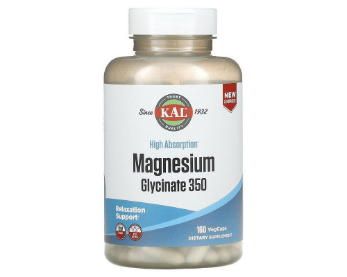 Магній гліцинат, Magnesium Glycinate, KAL, висока абсорбція, 350 мг, 160 вегетаріанських капсул