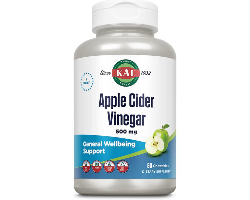 Яблучний оцет, Apple Cider Vinegar, KAL, смак зеленого яблука, 500 мг, 60 жувальних таблеток