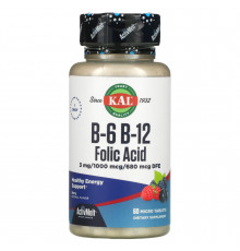 Витамин B12 + B6 фолиевая кислота, Vitamin B-6 B-12 Folic Acid, KAL, ягоды, 60 таблеток
