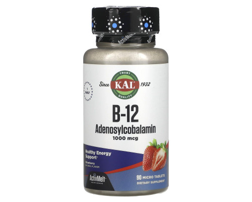 Вітамін В12 аденозилкобаламін, B-12 Adenosylcobalamin, KAL, полуниця, 1000 мкг, 90 таблеток