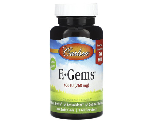 Вітамін Е, E-Gems, Carlson, 268 мг (400 МО), 140 гелевих капсул