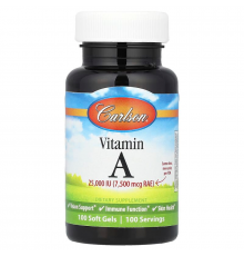 Вітамін А, Vitamin A, Carlson, 7500 мкг RAE (25 000 МО), 100 гелевих капсул