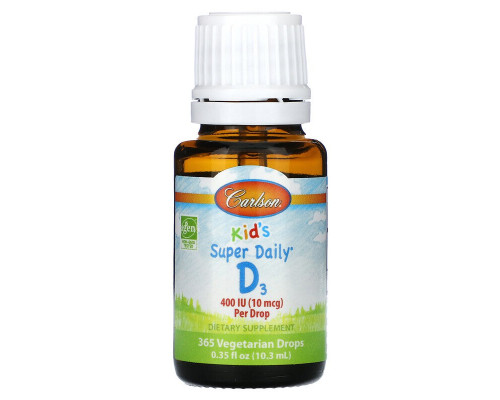 Вітамін D3, Kid's Super Daily D3, Carlson, для дітей, 10 мкг (400 МО), 10,3 мл