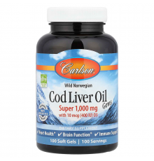 Риб'ячий жир з печінки тріски, Cod Liver Oil, Carlson, норвезький, 1000 мг, 100 гелевих капсул