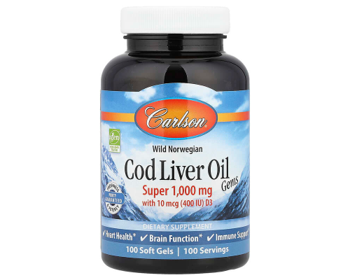 Риб'ячий жир з печінки тріски, Cod Liver Oil, Carlson, норвезький, 1000 мг, 100 гелевих капсул