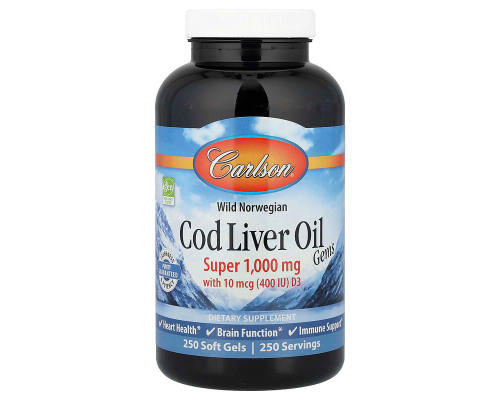 Риб'ячий жир з печінки тріски, Cod Liver Oil, Carlson, норвезька, 250 гелевих капсул