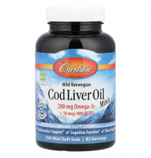 Риб'ячий жир, Cod Liver Oil, Carlson, норвезький, 250 міні гелевих капсул