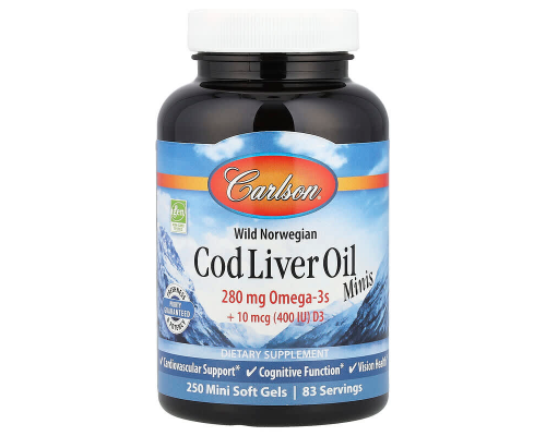 Риб'ячий жир, Cod Liver Oil, Carlson, норвезький, 250 міні гелевих капсул