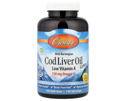Риб'ячий жир з печінки тріски, Cod Liver Oil, Carlson, лимон, з низьким вмістом вітаміну А, норвезький, 230 мг, 150 гелевих капсул