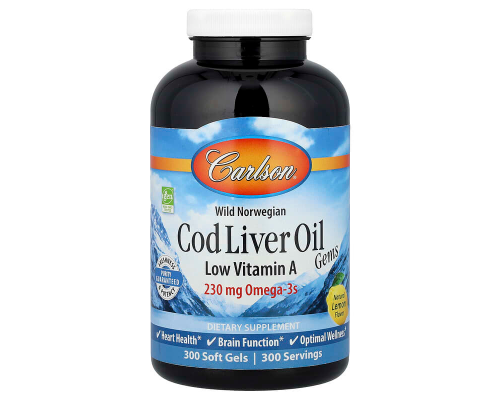 Риб'ячий жир з печінки тріски, Cod Liver Oil Gems, Carlson, лимон, з низьким вмістом вітаміну А, 300 гелевих капсул
