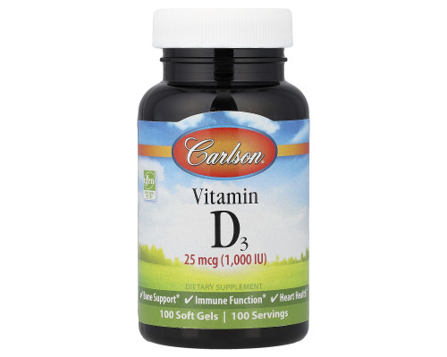 Вітамін D3, Vitamin D3, Carlson, 25 мкг (1000 МО), 100 гелевих капсул