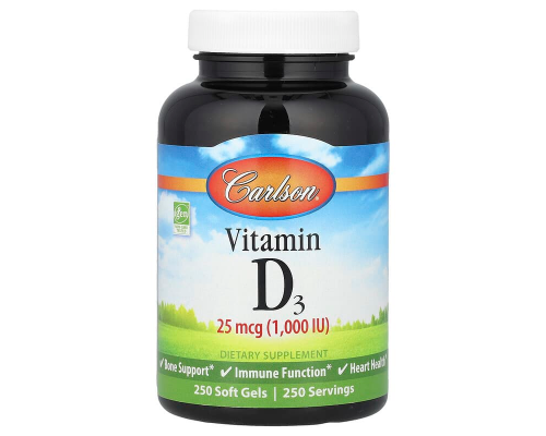 Вітамін D3, Vitamin D3, Carlson, 1000 МО (25 мкг), 250 гелевих капсул