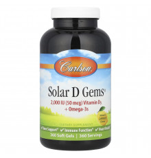 Вітамін D3+ Омега-3, Solar D Gems, Carlson, смак лимона, 360 гелевих капсул