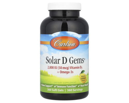 Вітамін D3+ Омега-3, Solar D Gems, Carlson, смак лимона, 360 гелевих капсул