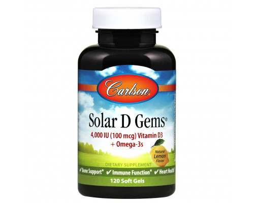 Риб'ячий жир з вітаміном D3, Solar D Gems, Carlson, смак лимона, 4000 МО, 120 гелевих капсул