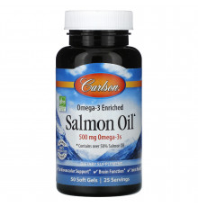 Олія лосося, Омега-3, Omega-3 Enriched Salmon Oil, Carlson, норвезька, 250 мг, 50 гелевих капсул