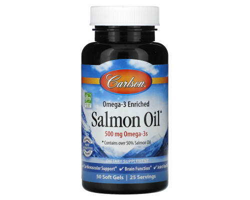 Олія лосося, Омега-3, Omega-3 Enriched Salmon Oil, Carlson, норвезька, 250 мг, 50 гелевих капсул