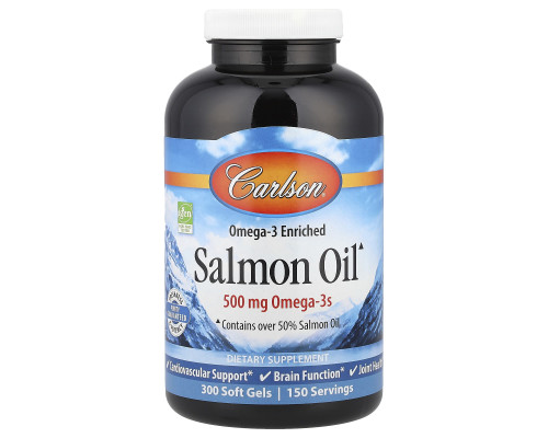 Олія лосося, Salmon Oil, Carlson, норвезька, 500 мг, 300 гелевих капсул