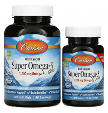 Риб'ячий жир, Super Omega 3, Carlson, з дикої природи, 100+30 гелевих капсул