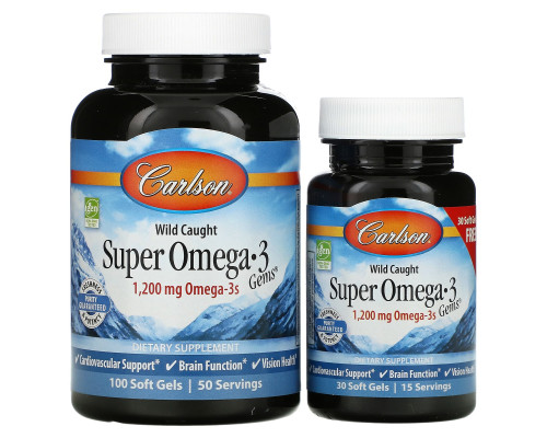 Риб'ячий жир, Super Omega 3, Carlson, з дикої природи, 100+30 гелевих капсул