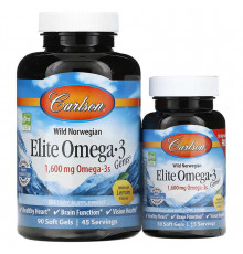Омега-3, Elite Omega-3, Carlson, смак лимона, норвезька, 1600 мг, 90+30 гелевих капсул (800 мг на 1 капсулу)