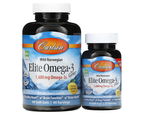 Омега-3, Elite Omega-3, Carlson, смак лимона, норвезька, 1600 мг, 90+30 гелевих капсул (800 мг на 1 капсулу)