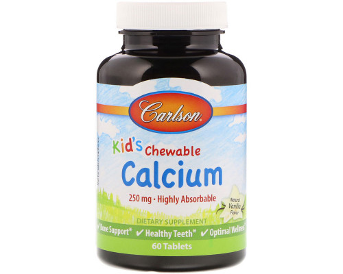 Кальцій для дітей, Chewable Calcium, Carlson, ваніль, 250 мг, 60 жувальних таблеток
