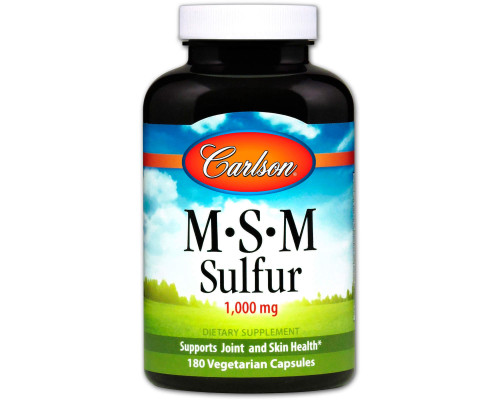 Метилсульфонілметан МСМ, MSM Sulfur, Carlson, 1000 мг, 180 вегетаріанських капсул