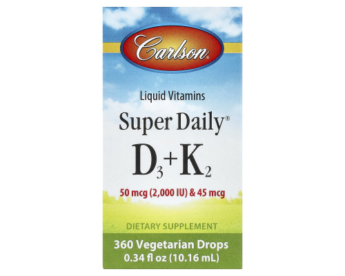 Вітамін D3 і вітамін К-2, Super Daily D3 + K2, Carlson, рідина, 50 мкг (2000 МО) і 45 мкг, 10,16 мл
