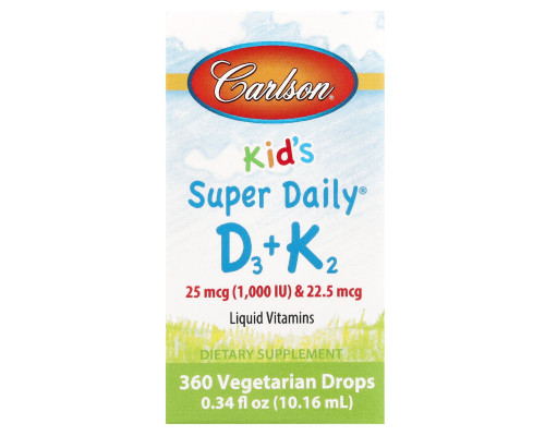Вітамін D3 і вітамін К-2, для дітей, Super Daily D3 + K2, Carlson, рідина, 25 мкг (1000 МО) і 22,5 мкг, 10,16 мл