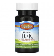Вітамін D3 і К2, Vitamin D3 + K2, Carlson, 30 вегетаріанських капсул