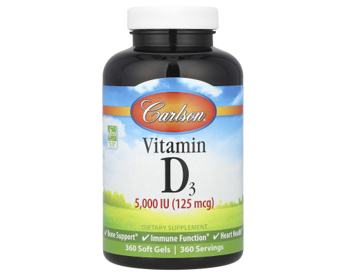 Вітамін D-3, Vitamin D3, Carlson, 125 мкг (5000 МО), 360 гелевих капсул