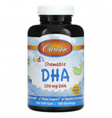 Риб'ячий жир для дітей, Kids Chewable DHA, Carlson, апельсин, 100 мг, 180 жувальних гелевих капсул