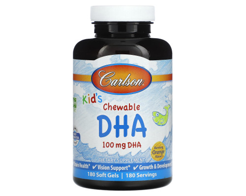 Риб'ячий жир для дітей, Kids Chewable DHA, Carlson, апельсин, 100 мг, 180 жувальних гелевих капсул