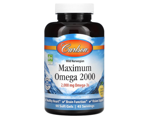 Омега, Maximum Omega, Carlson, Wild Norwegian, натуральний лимон, 2000 мг, 90 гелевих капсул (1000 мг на 1 капсулу)