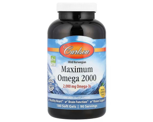 Омега, Maximum Omega, Carlson, Wild Norwegian, натуральний лимон, 2000 мг, 180 гелевих капсул (1000 мг на 1 капсулу)
