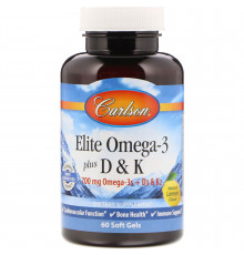 Омега 3 + вітамін D3 і вітамін К, Omega-3 Plus D & K, Carlson, 60 гелевих капсул