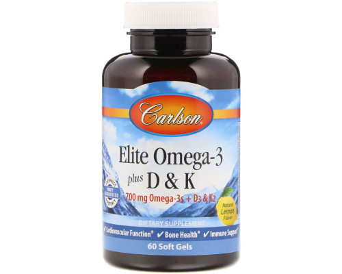 Омега 3 + вітамін D3 і вітамін К, Omega-3 Plus D & K, Carlson, 60 гелевих капсул