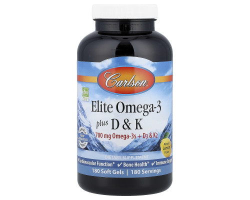 Омега 3 + вітамін D3 та вітамін К, Elite Omega-3 Plus D&K, Carlson, натуральний лимон, 180 гелевих капсул