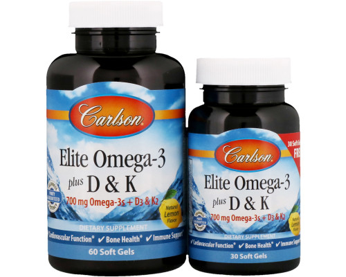 Омега 3 + вітамін D3 і вітамін К, Omega-3 Plus D & K, Carlson, 60 + 30 гелевих капсул