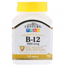 Витамин В12, Vitamin B-12, 21st Century, пролонгированного действия, 1000 мкг, 110 таблеток