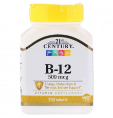 Витамин В12 + кальций, Vitamin B-12, 21st Century, 500 мкг, 110 таб.