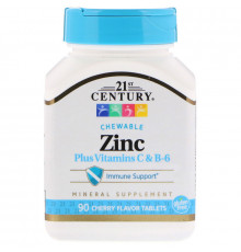 Цинк в жувальних таблетках, Zinc Chewable, 21st Century, вишня, 90 таб.