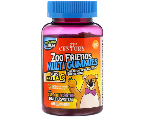 Мультивітаміни для дітей з вітаміном С, Zoo Friends Multi Gummies, Plus Extra C, 21st Century, 60 шт.
