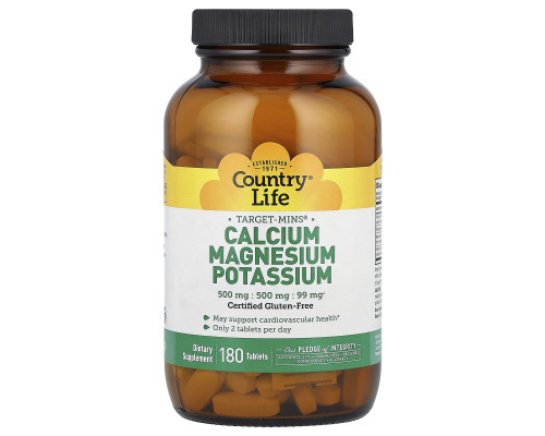 Кальцій магній калій, Calcium Magnesium Potassium, Country Life, 180 таблеток